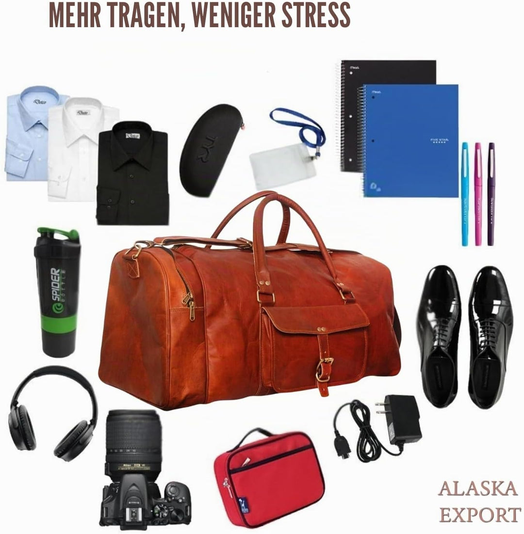 ALASKA EXPORTS Harvey Echtes Leder Holdall Duffel Gym Weekender Gepäck Reise Schulter Vintage Tasche