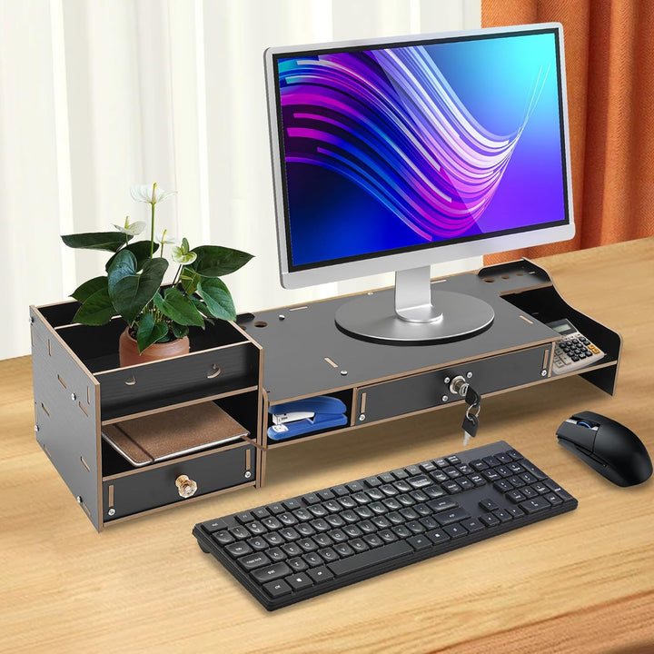 Monitorständer, Bildschirm Ständer Holz Material Mit Schubladen 2 Ebenen Grosser Computer Laptop Des