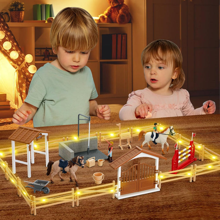 JONRRYIN Pferdestall Spielzeug Set mit LED Licht, Pferde Spielzeug Pferde Figuren Pferdehof Reiterho
