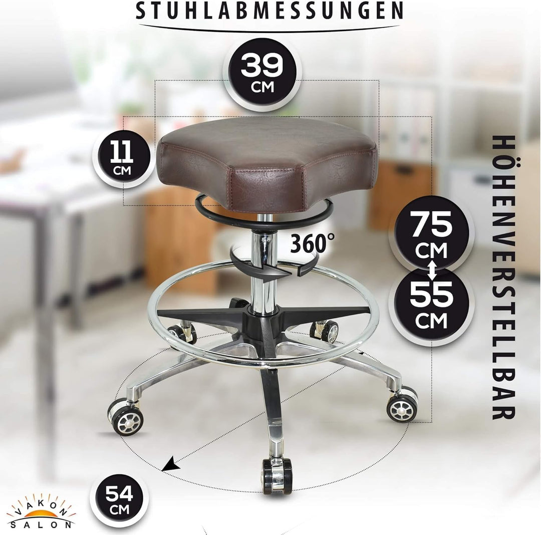 VAKON SALON - Design ergonomischer Rollhocker auf Rollen Braun - Höhenverstellbarer von 55 bis 75 cm
