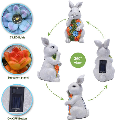 Yeomoo Solar Kaninchen Figuren Gartendeko für Draussen,Hase mit Sukkulenten Solarlampe Deko Bunny Fi