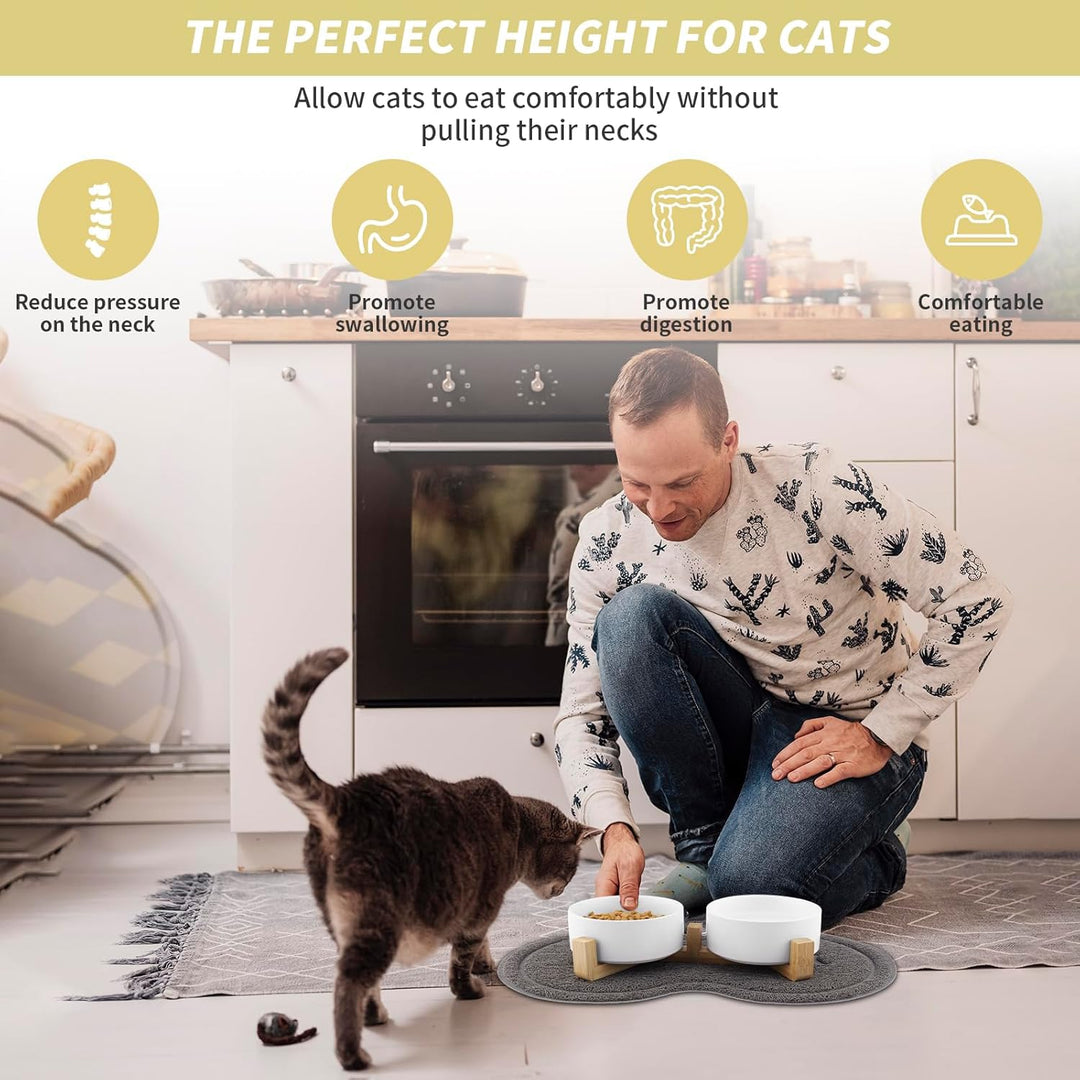 Katzennapf, 2 Stück Keramik Futternapf Katze Set, 3-in-1 rutschfeste Katzennäpfe mit Holzstände und