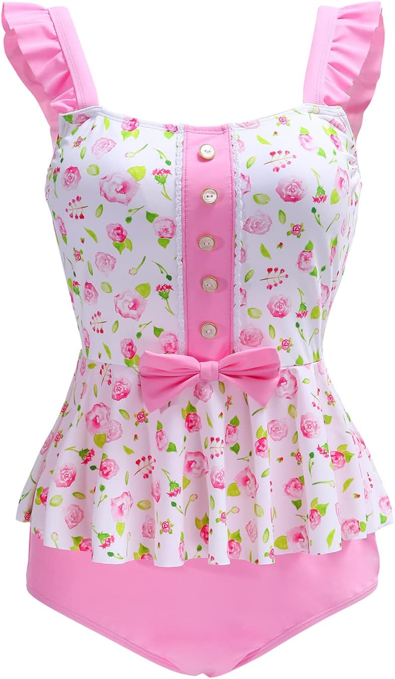 LittleForBig bescheidene Kawaii eine Stück Badebekleidung Badeanzug – Retro Rose Rosa M