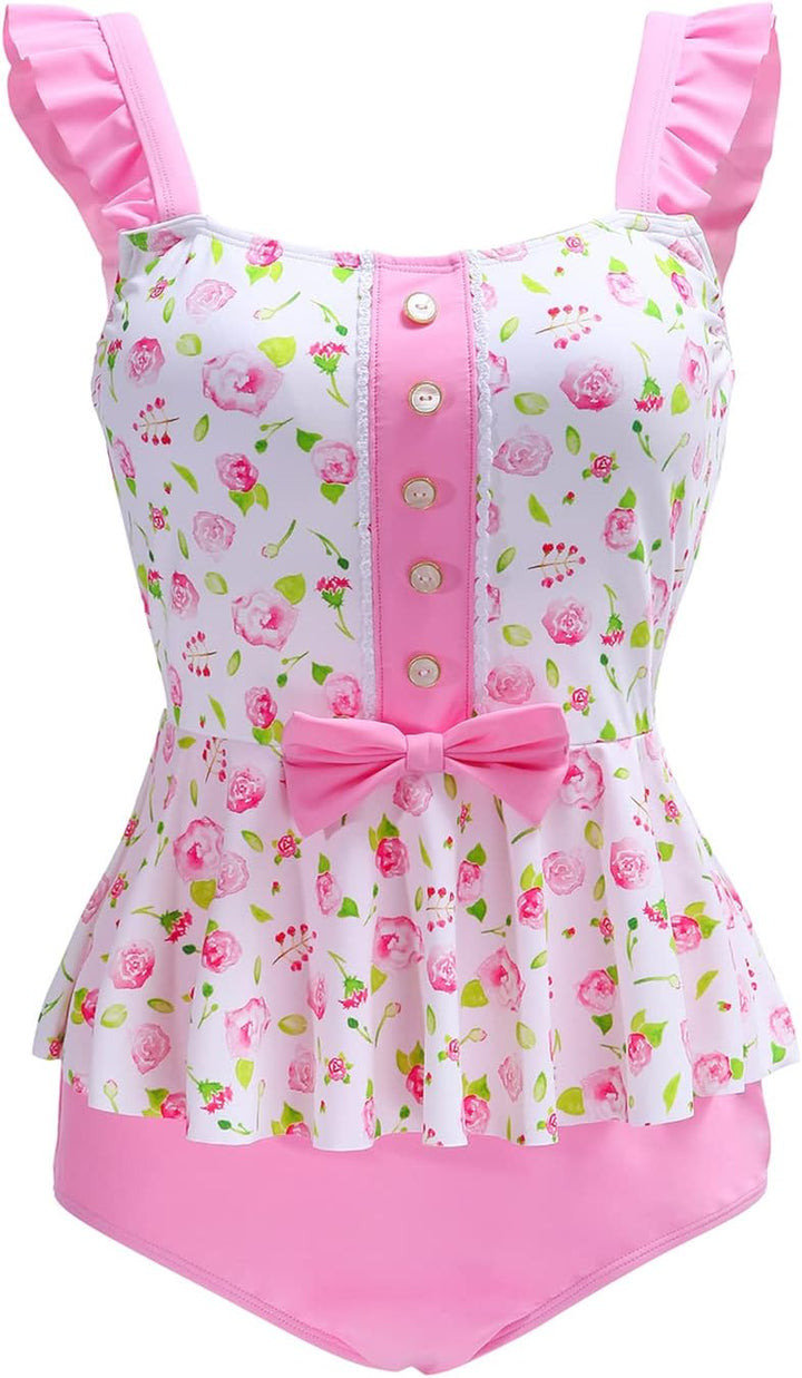 LittleForBig bescheidene Kawaii eine Stück Badebekleidung Badeanzug – Retro Rose Rosa M