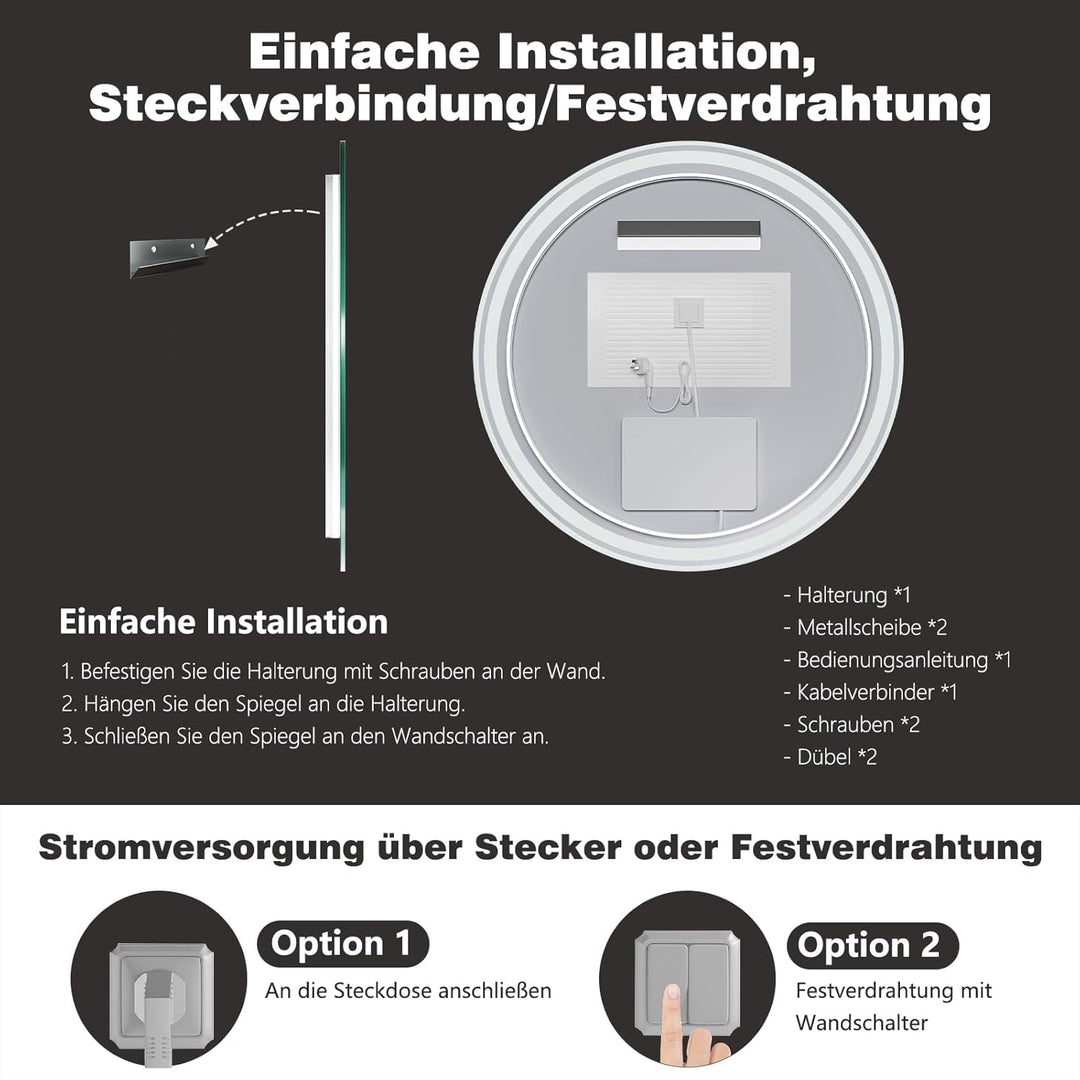 60cm Runde LED Badezimmerspiegel mit Beleuchtung, Dimmbar & 3 Farben – Front- & Hintergrundbeleuchtu
