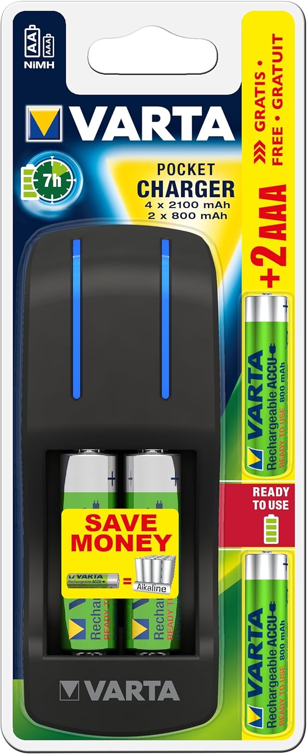 Varta 57642301431 – Ladegerät, 4 AA, 2100 R2U + 2 Batterien AAA, 800 mAh R2U, Schwarz Pocket + 4AA 2
