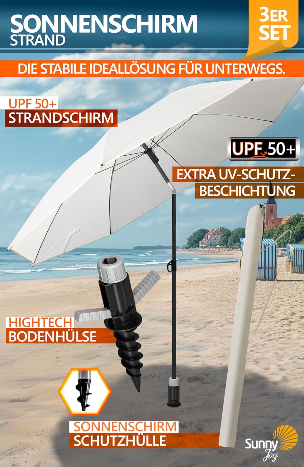 4smile Sunnyjoy Sonnenschirm Strand 3-IN-1 Set - Strandschirm windfest stabil, UPF 50+ Sonnenschirm