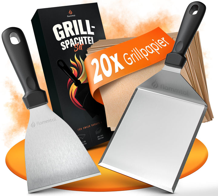 flammtal Grillspachtel Set aus Edelstahl - Hochwertiger Plancha Spachtel inkl. 20x Burgerpapier für
