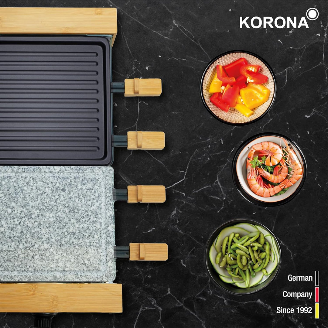 Korona 45090 Raclette Grill für 8 Personen| Hochwertiges Bambus Design | Mit geteilten Grillplatten,