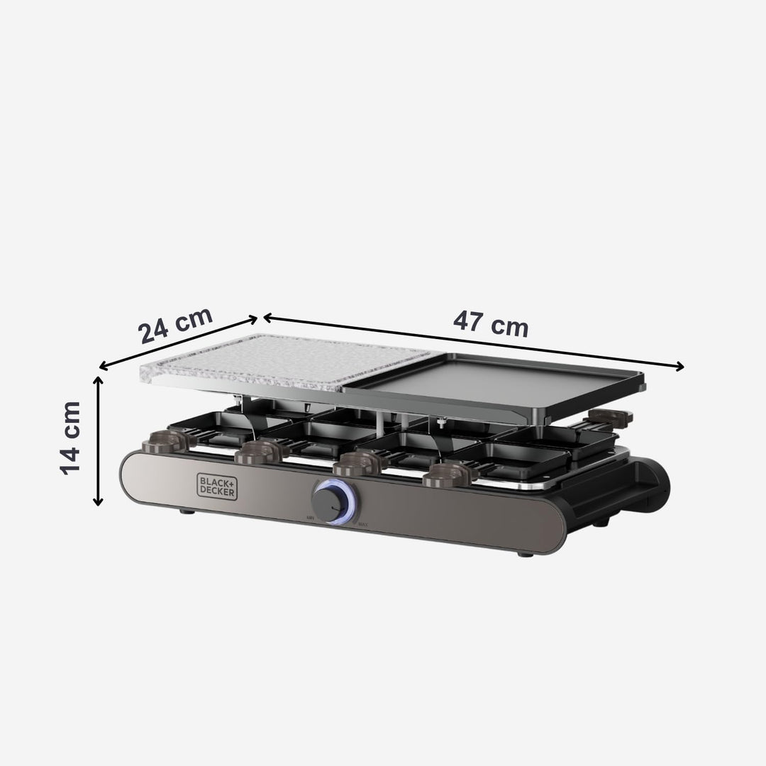 Black+Decker – Raclette| 8 Personen| Platten 21 x 21 cm| Regulierbare Temperatur| 1400 W| Umkehrbare