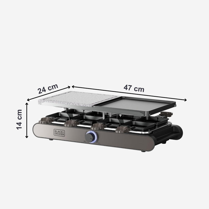 Black+Decker – Raclette| 8 Personen| Platten 21 x 21 cm| Regulierbare Temperatur| 1400 W| Umkehrbare