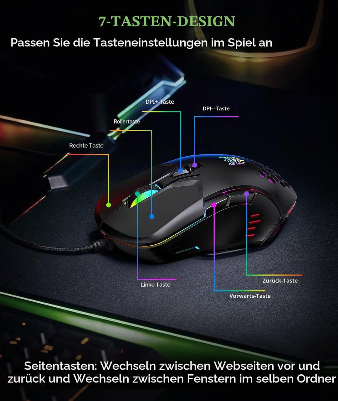 ONIKUMA GAMING Kabelgebundene Gaming-Maus mit 7 Farben LED-Hintergrundbeleuchtung, Computer-Maus für
