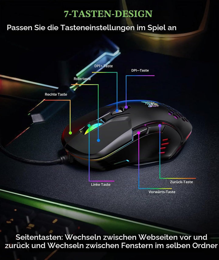 ONIKUMA GAMING Kabelgebundene Gaming-Maus mit 7 Farben LED-Hintergrundbeleuchtung, Computer-Maus für