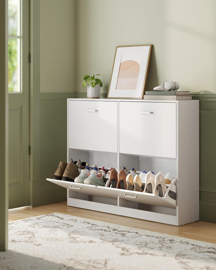 VASAGLE Schuhschrank 4 Klappen, Schuhkipper, Schuhregal, Schuhaufbewahrung, Trennwand verstellbar, f