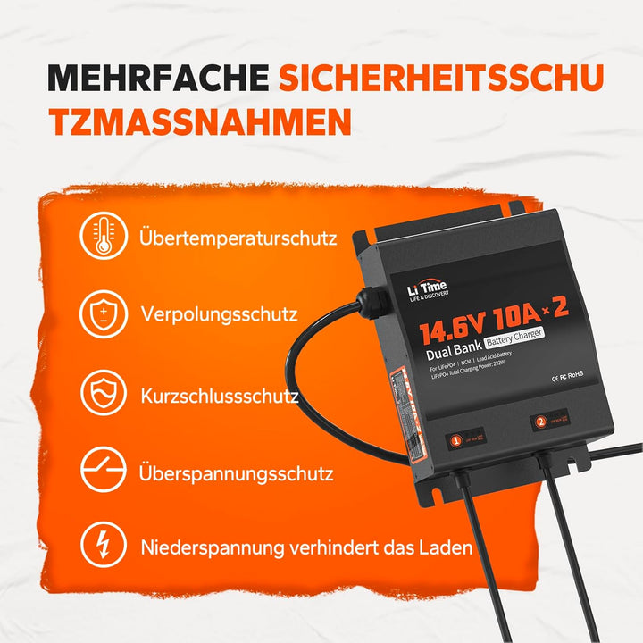 LiTime 2-Bank 14.6V 10A Batterieladegerät IP67 Wasserdicht 12V10A 2-Bank Wasserdicht, 12V10A 2-Bank