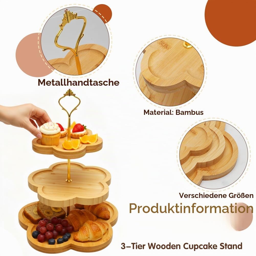 Etagere 3 Etagen Bambus, Holz-Cupcake-Ständer Blumenform-Design, Bambus-Etagere Buffet Ständer Servi