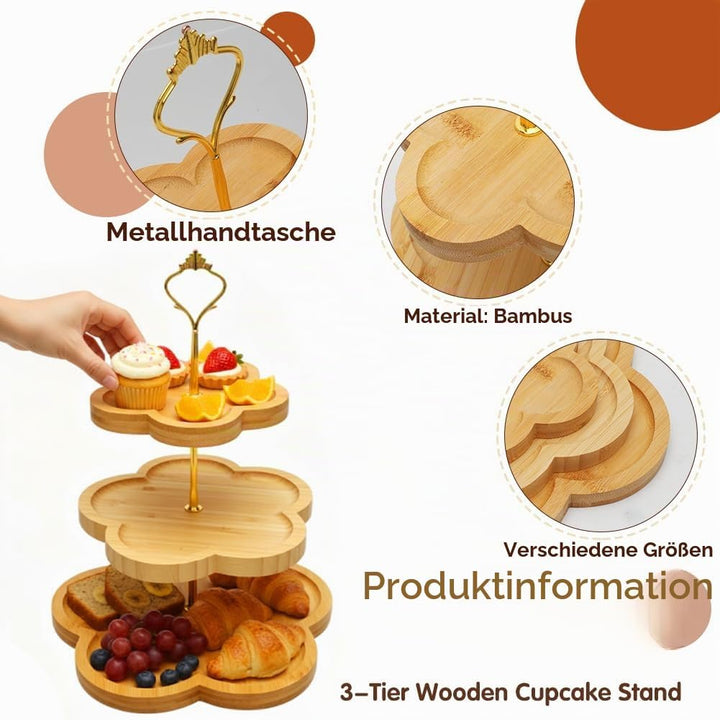 Etagere 3 Etagen Bambus, Holz-Cupcake-Ständer Blumenform-Design, Bambus-Etagere Buffet Ständer Servi