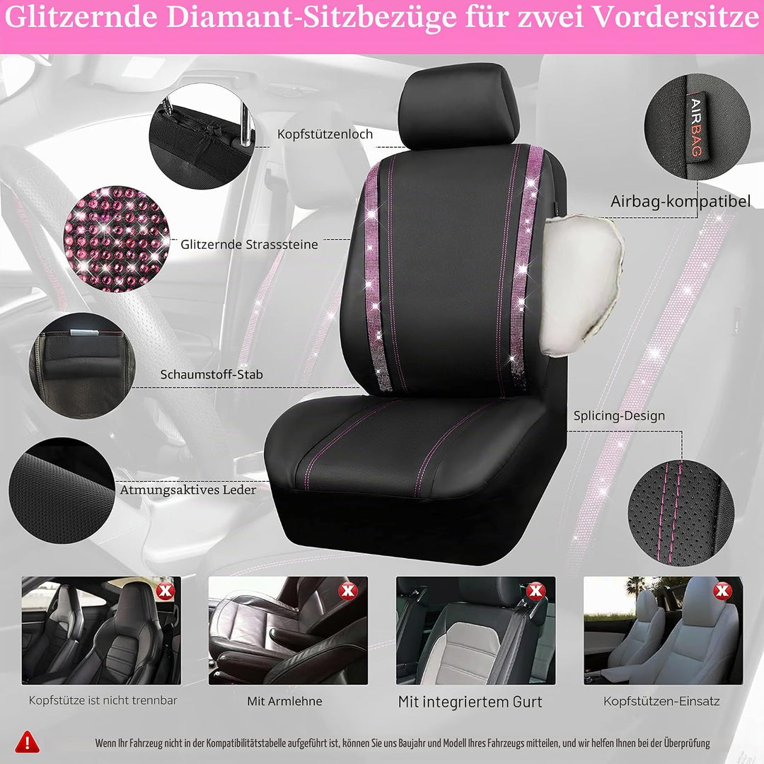 CAR PASS Wasserdicht Leder Autositzbezüge, Bling Diamant 2 Vordersitzbezüge, Glänzend Kristall Glitz