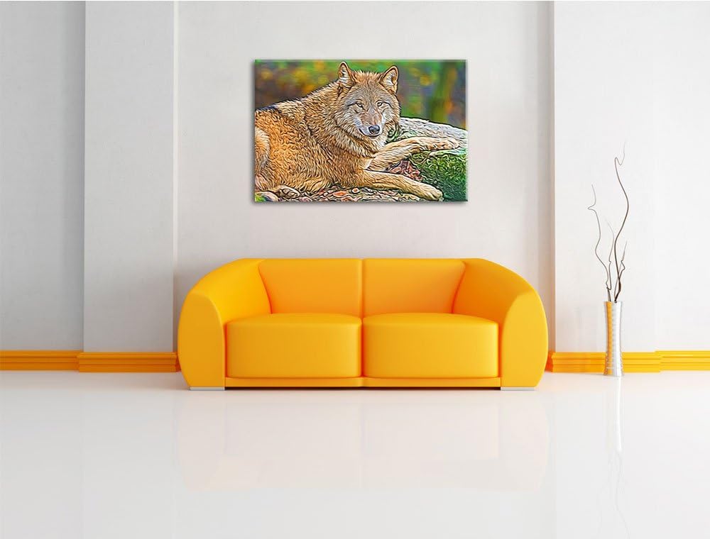 stolzer Wolf auf Stein Deluxe Format: 100x70 cm auf Leinwand, XXL riesige Bilder fertig gerahmt mit