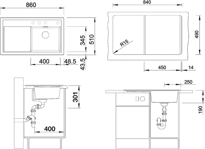 BLANCO ZENAR 45 S | SILGRANIT anthrazit | Einbauart: Einbau von Oben | Hauptbecken rechts | mit Abla