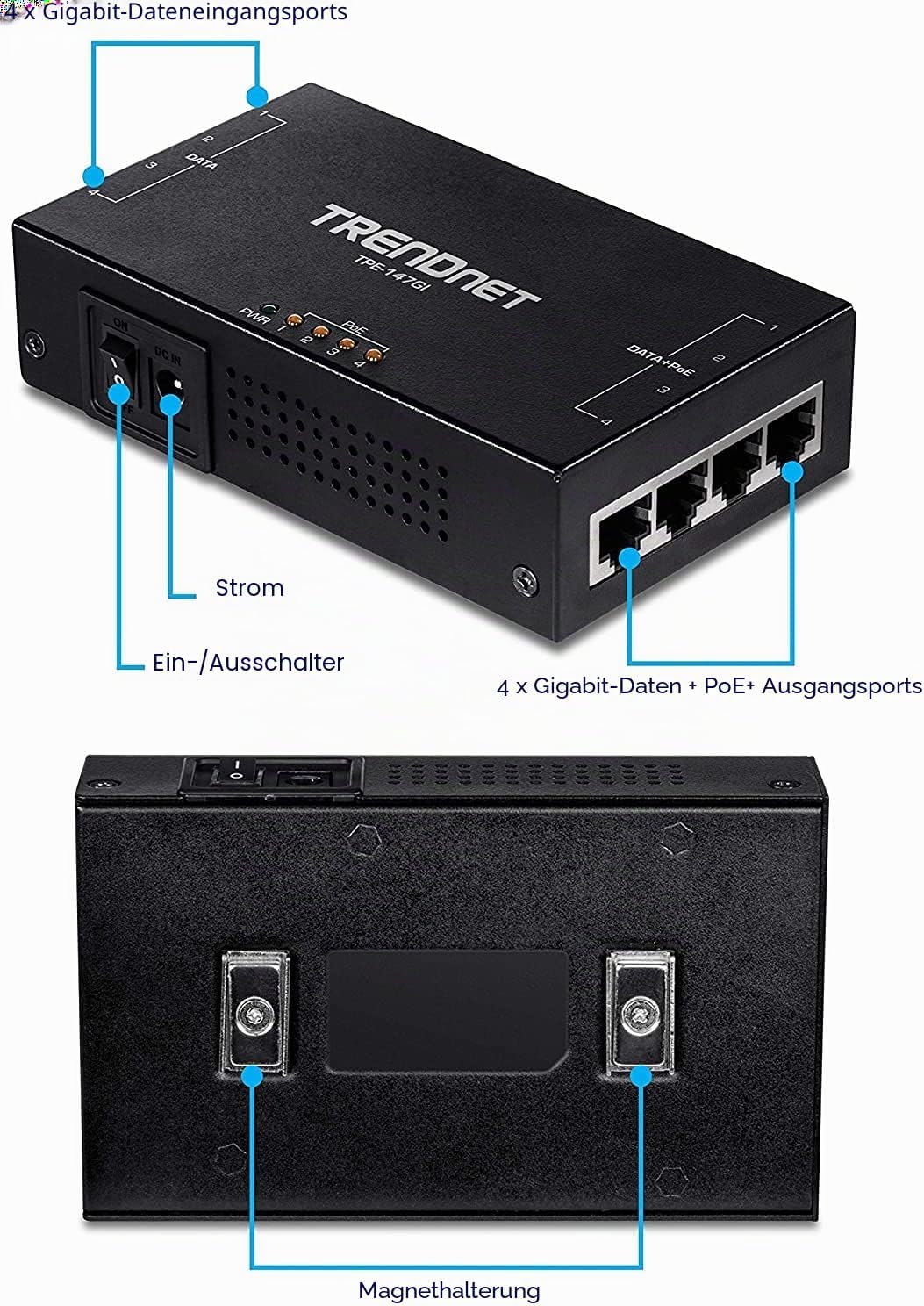 TRENDnet TPE-147GI 65W 4-Port Gigabit PoE+ Injector Ultra 4 Port Injektor, Ultra 4 Port Injektor