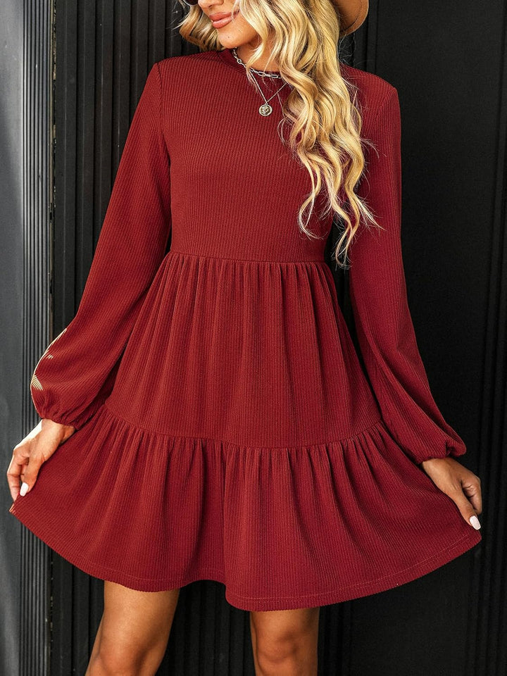 CUPSHE Damen Kleid Rundhals Langarm Volantsaum A Linien Herbst Winter Rippstruktur Kurze Minikleid F