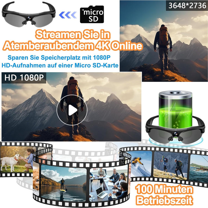 Action-Cam, WiFi 4K & 120° Weitwinkel Brille mit Kamera, Polarisierte Objektive & 100-Min Batterie &
