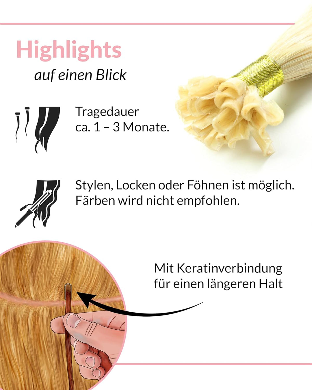 hair2heart Extensions Echthaar Bondings Glatt - 200 Strähnen 0.5g 40cm Lichtblond 
