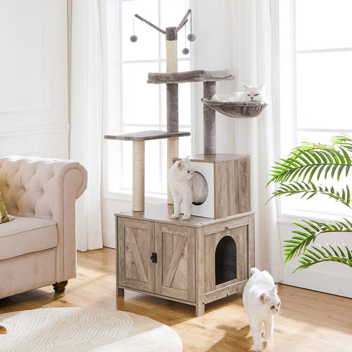HOOBRO Kratzbaum mit Katzenklo-Schrank, 2-in-1 Katzenbaum, 150 cm, versteckte Katzentoilettenmöbel,