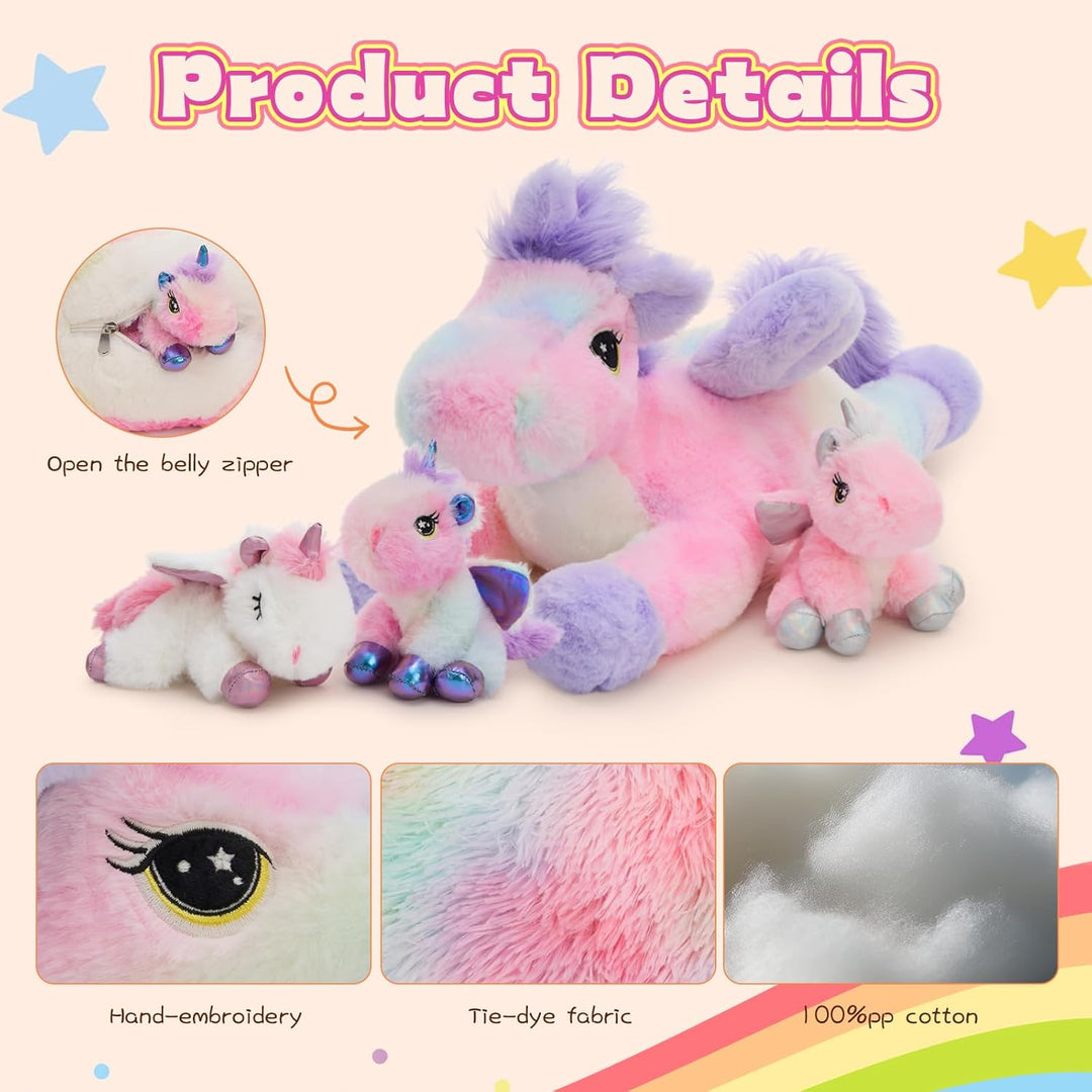 MorisMos 50cm lang riesen Einhorn Kuscheltier XXL, gross Einhorn Stofftier Plüschtier mit 3 Baby im