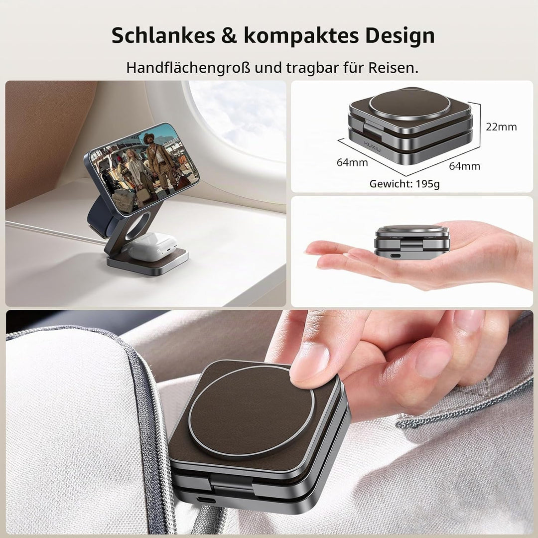 KU XIU X40 3-in-1 Induktive Ladestation – Kabelloses magnetisches Ladegerät, Faltbares Reiseladegerä