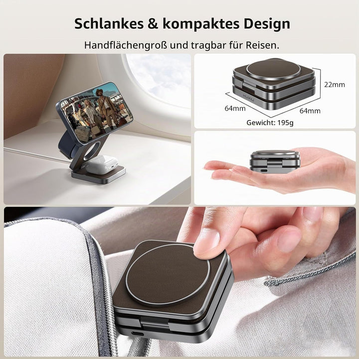 KU XIU X40 3-in-1 Induktive Ladestation – Kabelloses magnetisches Ladegerät, Faltbares Reiseladegerä
