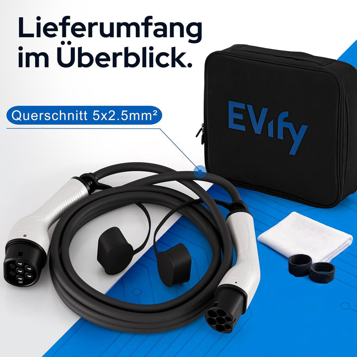 EVify Typ 2 Ladekabel 11kW 7M 16A für Elektroauto & Hybrid inkl. Kabeltasche • Kabel 3 phasig für EV