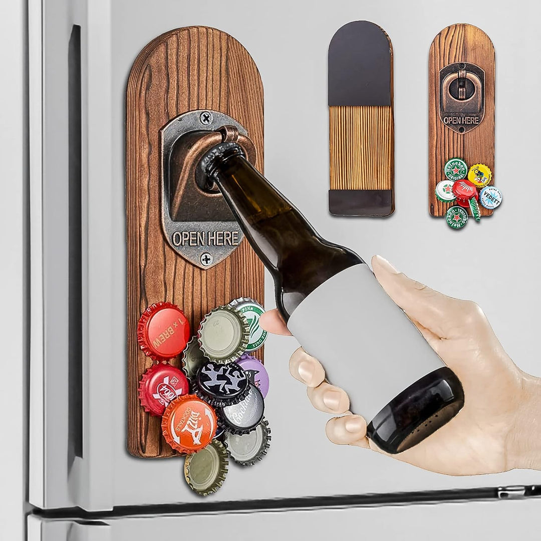 ZONSUSE Flaschenöffner Wand Magnet mit Auffangbehälter,Vintage Holz Bieröffner Wand mit Behälter,Mag