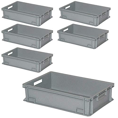 BRB 6er Set Eurobehälter mit 2 Durchfassgriffen 600x400x150 mm, 27 Liter, grau
