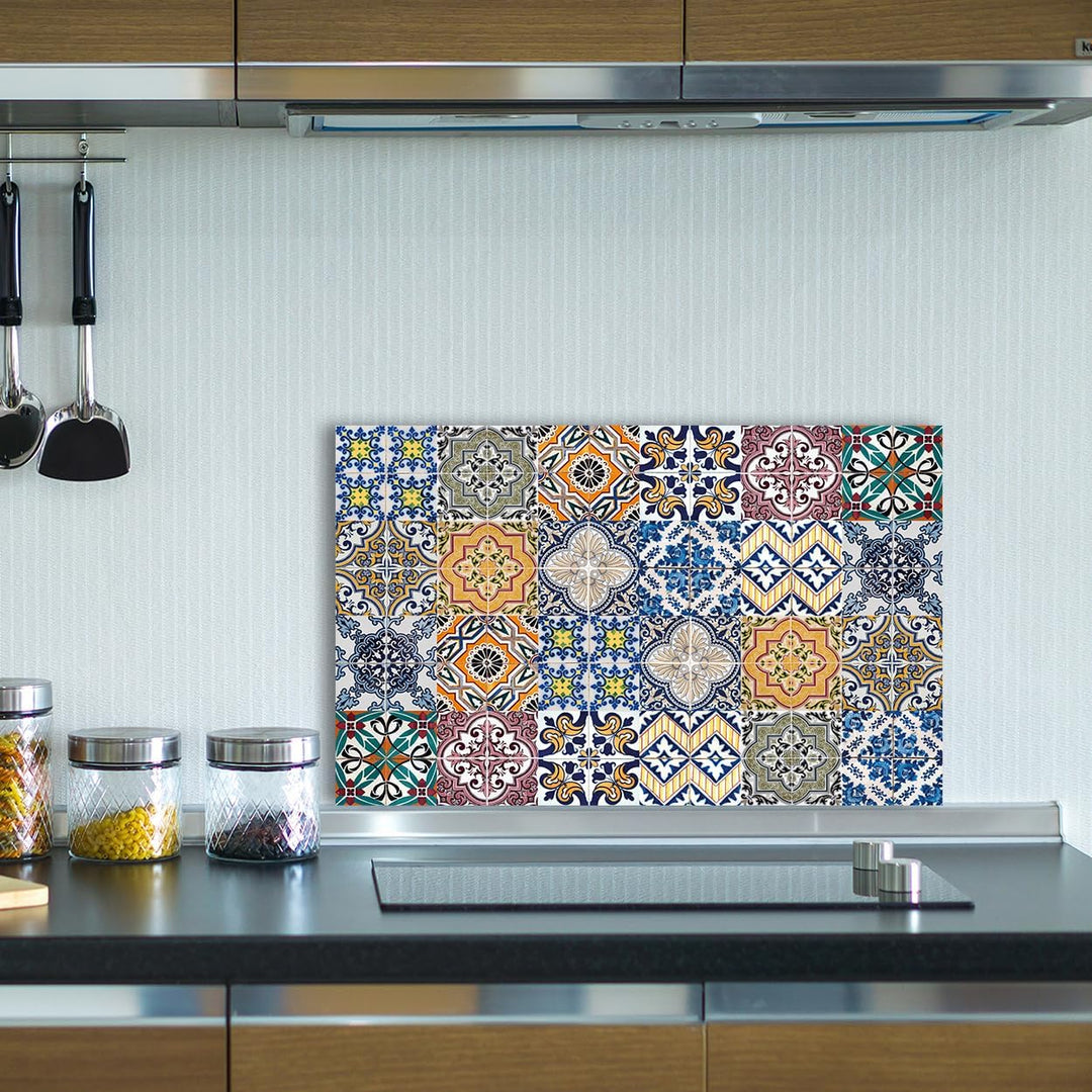 Queence Küchen Spritzschutz Fliesen - "Portugal Style" 80x50 cm | Küchenrückwand | Alu-DiBond | Flie
