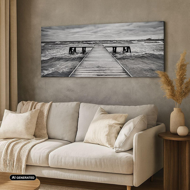 Panorama Bilder auf Leinwand 100x40cm Leinwandbild Brücke Meer Welle Gross Wanddeko Bild Schlafzimme