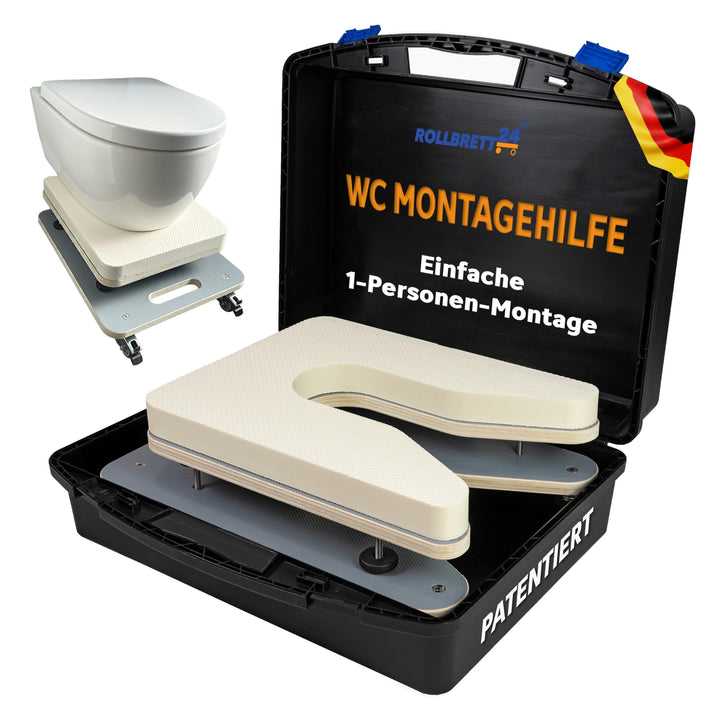 WC-Montagehilfe für wandhängende WCs & BDs – Höhenverstellbares Montage-Rollbrett 125–215 mm, 360° R