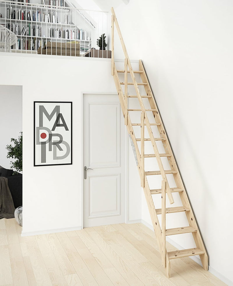 Raumspartreppe aus unbehandelter Fichte. Für Geschosshöhen bis 283,5 cm. Ausführung: Gerade inkl. Ge