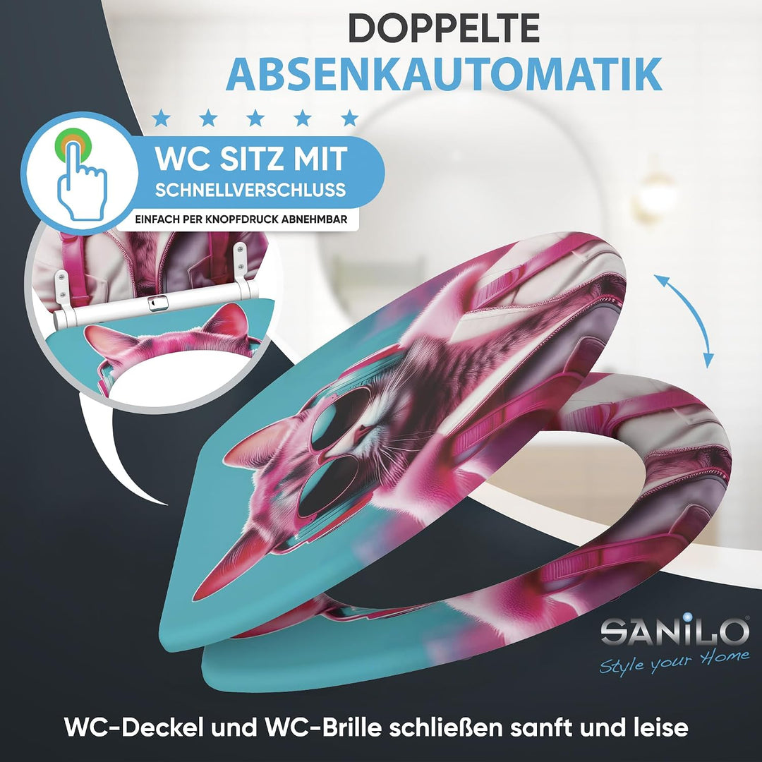 Sanilo WC Sitz mit Absenkautomatik &amp; Schnellverschluss, Toilettendeckel per Knopfdruck abnehmbar, ei
