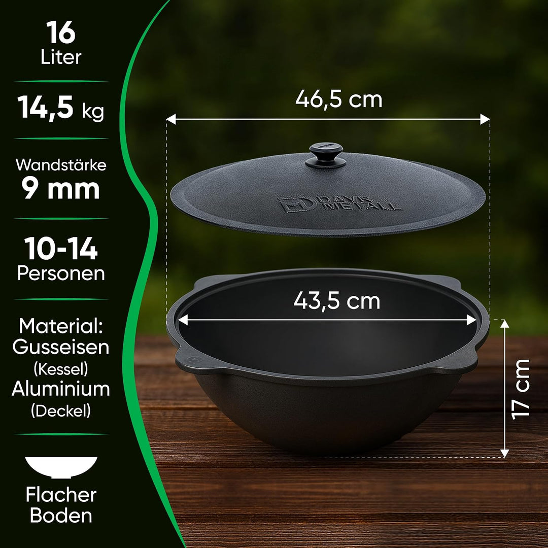 Gusseisen Kazan 16 L Kasan Казан mit Feuerofen Utschak Ø 44 cm flacher Boden Verlängerungsrohr Schöp