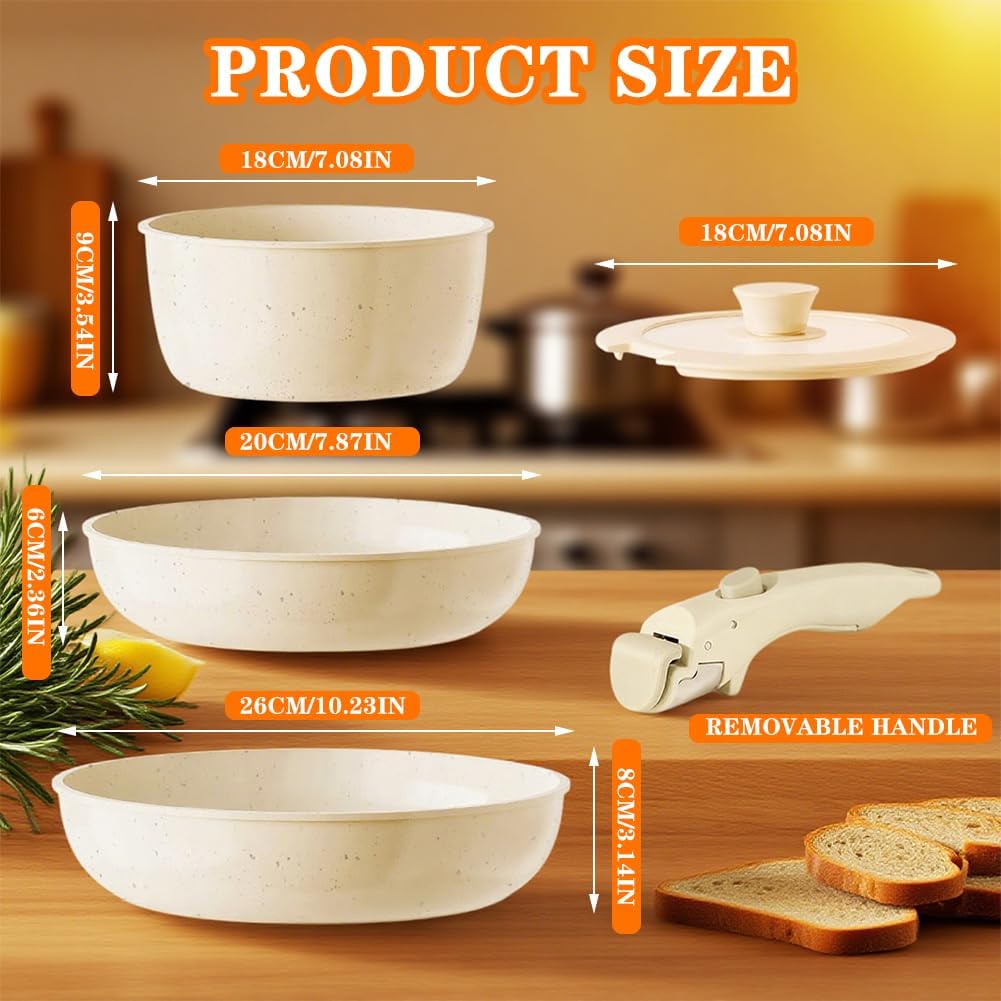 Keramik Pfannenset mit Abnehmbaren Griff, Topfset Pfannenset, Keramiks Kochen Set 5-Teilig, Antihaft