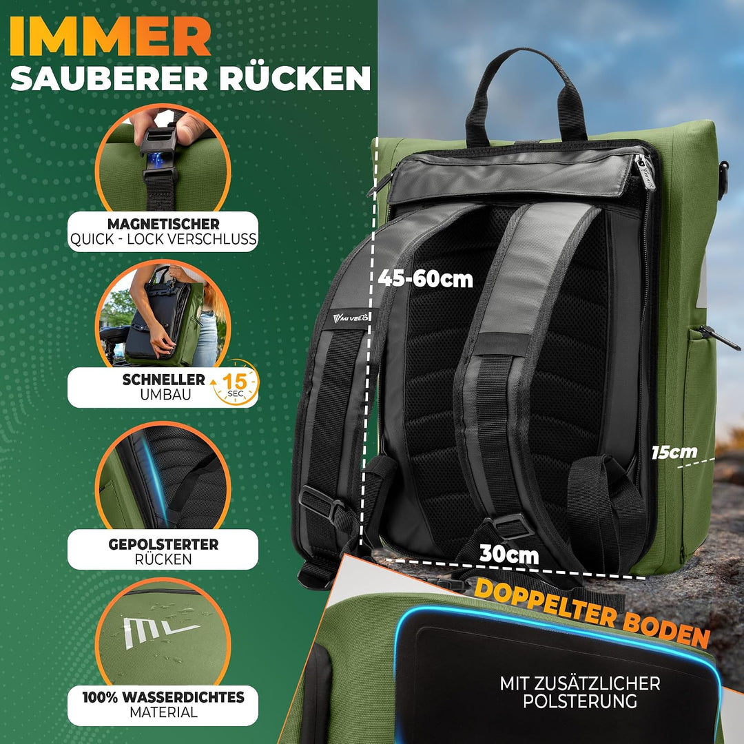 MIVELO 3in1 Fahrradtasche für Gepäckträger I Rucksack &amp; Gepäckträgertasche hinten - in 15 Sekunden u