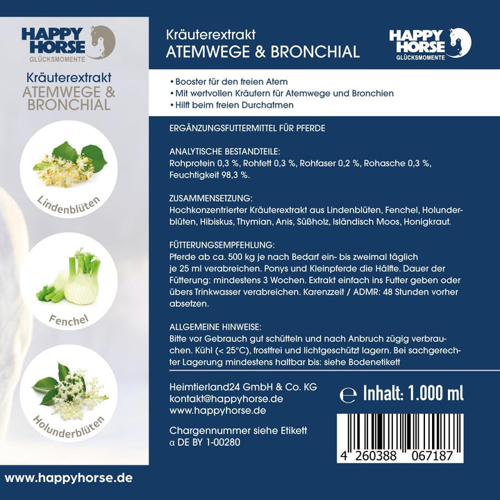 Happy Horse Atemwege- & Bronchialsaft für Pferde 100% pflanzliche Inhaltsstoffe, lindert Hustenreiz,