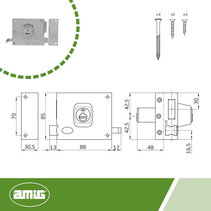 Amig - Aufschraubschloss DIN rechts mit Schliesshebel, Falle und Ziehgriff für Holztüren Mod. 72-88