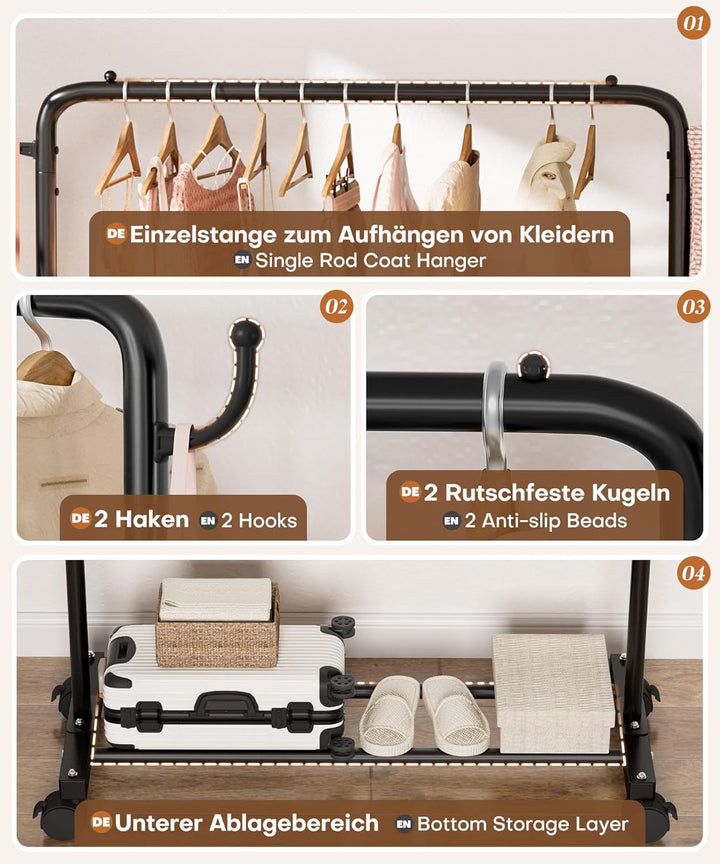 Yorbay Multifunktioneller Robuster Kleiderständer auf Rollen: Stabiler Kleiderstange aus Metall mit