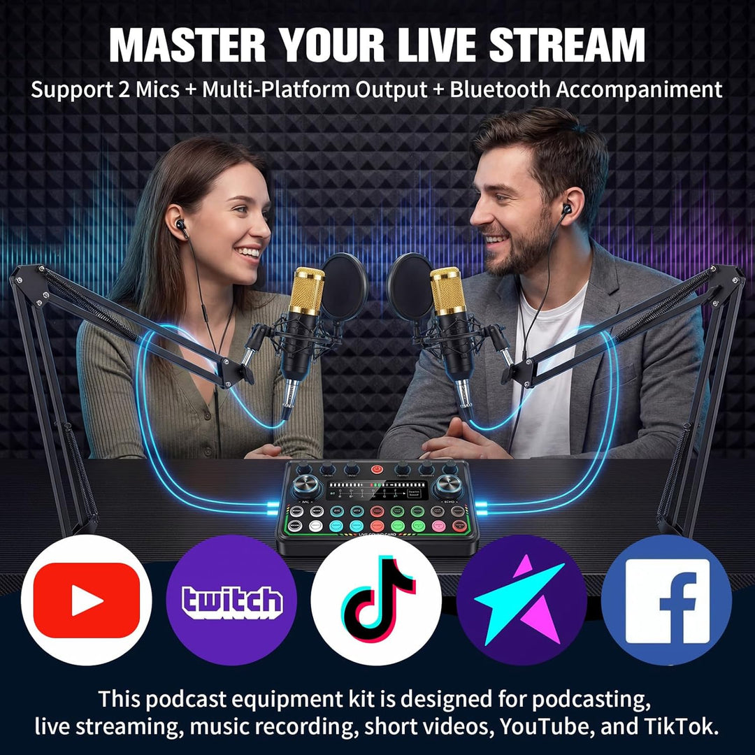 Podcast Equipment Bundle - Podcast Mikrofon Set, Mixer Kit mit Live Soundkarte, for Streaming Singin
