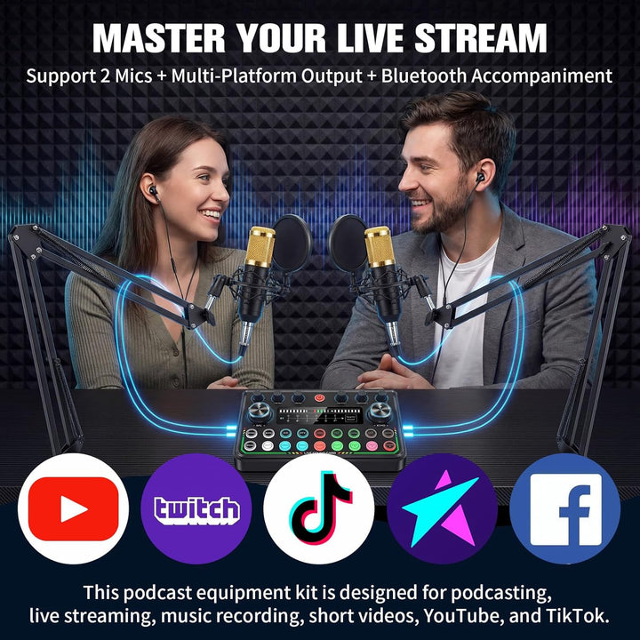 Podcast Equipment Bundle - Podcast Mikrofon Set, Mixer Kit mit Live Soundkarte, for Streaming Singin