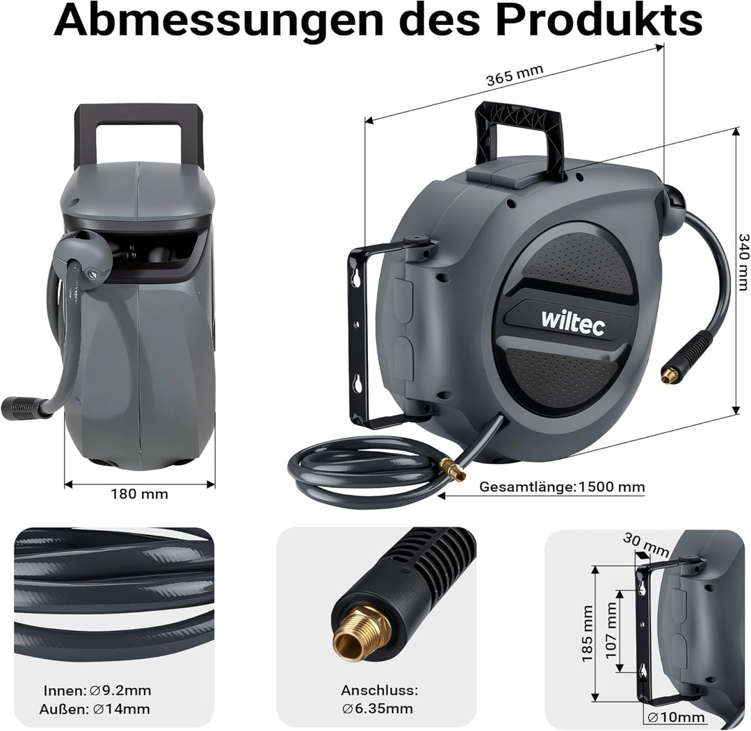 Wiltec Druckluft Schlauchtrommel 15 m, automatische Druckluftschlauchtrommel Stahl, 17 bar Druckluft