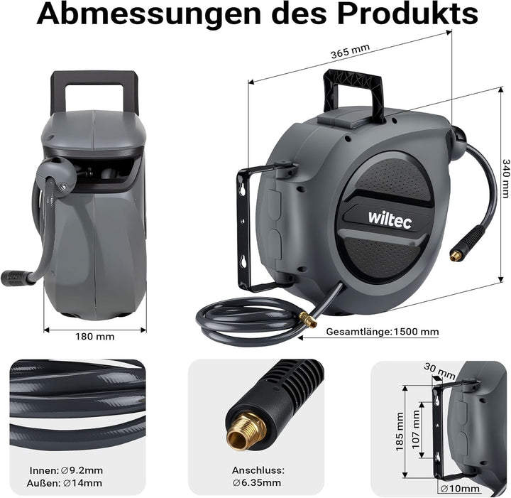 Wiltec Druckluft Schlauchtrommel 15 m, automatische Druckluftschlauchtrommel Stahl, 17 bar Druckluft